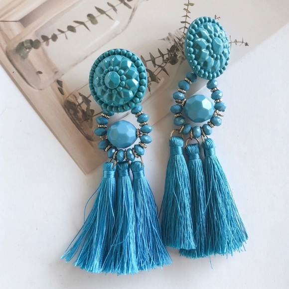 Blue Tassel Statement Earrings - Picture 3 of 4
